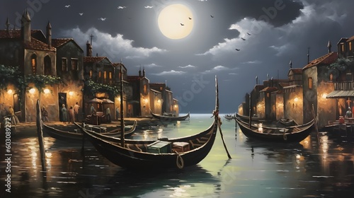 Venice Italy (inspired) boat moon moonlight beautiful oil painted art, AI generated. © Leo