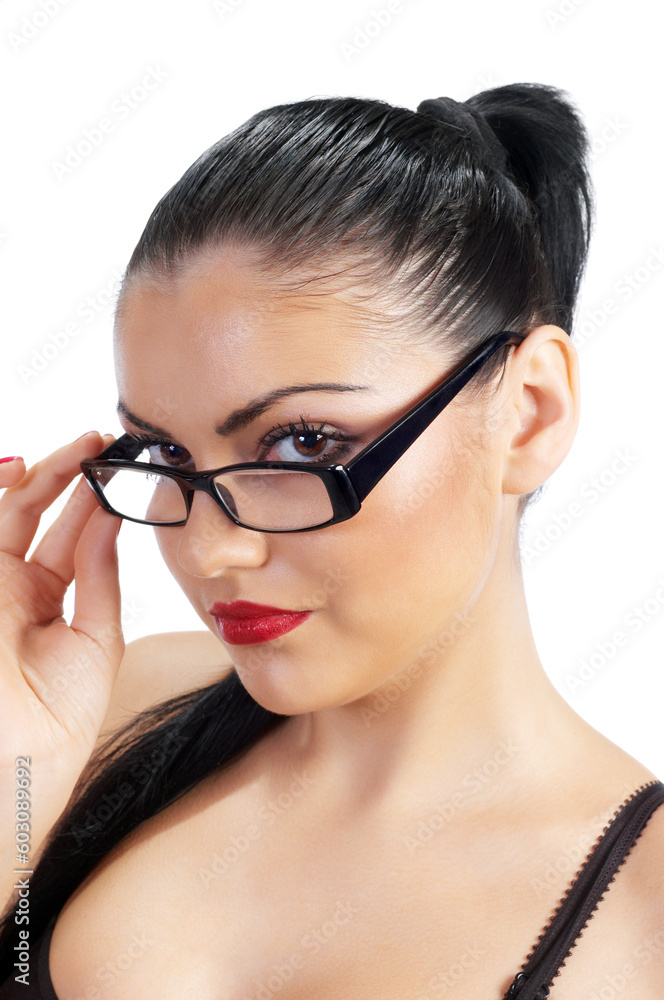 portrait of flirting cute brunette with glasses portrait of flirting cute brunette with glasses