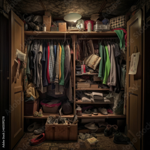 a wardrobe full of clothes and accessories