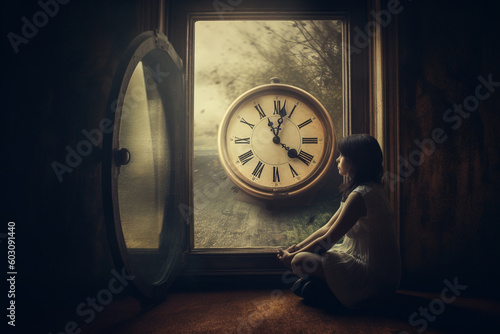 Abstract concept of time passing by. Human silhouette and old clock representing past time. Turn back time concept. Melancholic mood. Generative AI