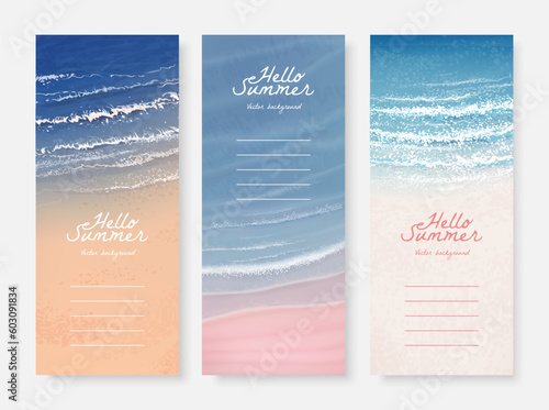 Set of beautiful vertical banner design template with realistic sandy summer beach. Set of nature landscape background. Vector illustration