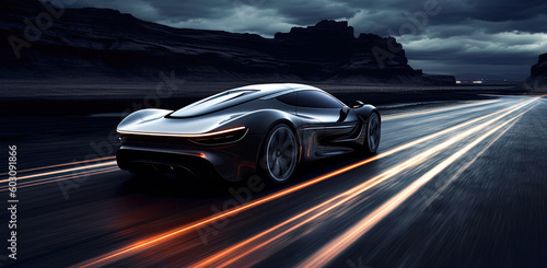 A generic and unbranded futuristic car running on mountain street, ai generative illustration © Cla78