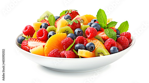 Fruit salad with oranges  kiwi  raspberries  strawberries  blueberries on white background