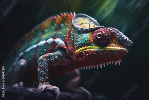 Animal and nature concept. Colorful and beautiful chameleon close-up portrait. Generative AI