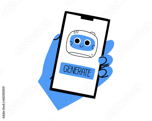 Hand drawn cute illustration of hand with phone. Robot head and generate button. Flat vector artificial intelligence generates text or image in colored doodle style. Ai sticker, icon. Isolated.