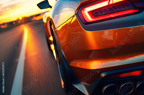 Close up on backlight of a generic unbranded sport car on highway, generative ai illustration