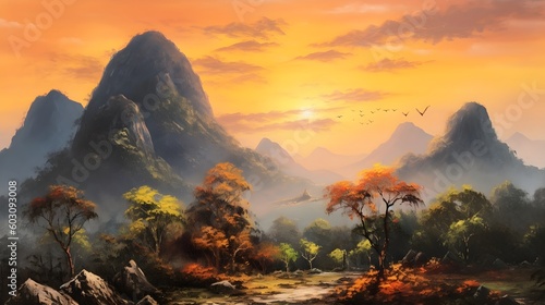 Laos mountain (inspired) sunset beautiful oil painted art, AI generated.