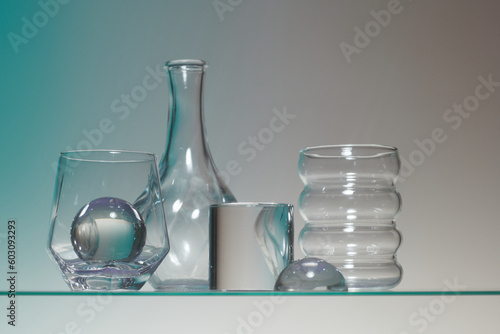 Set of transparent glasses goblets, glasses collection photo