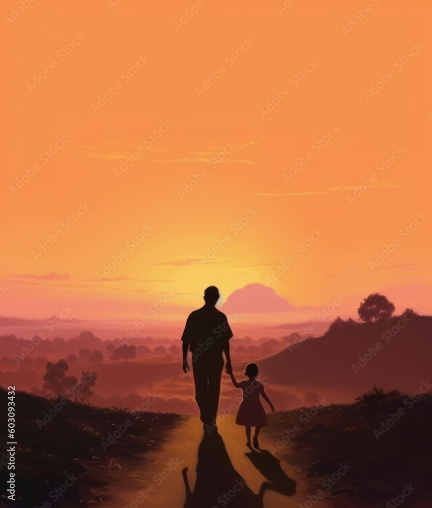 A man and his daughter walking down a path in front of a sunset