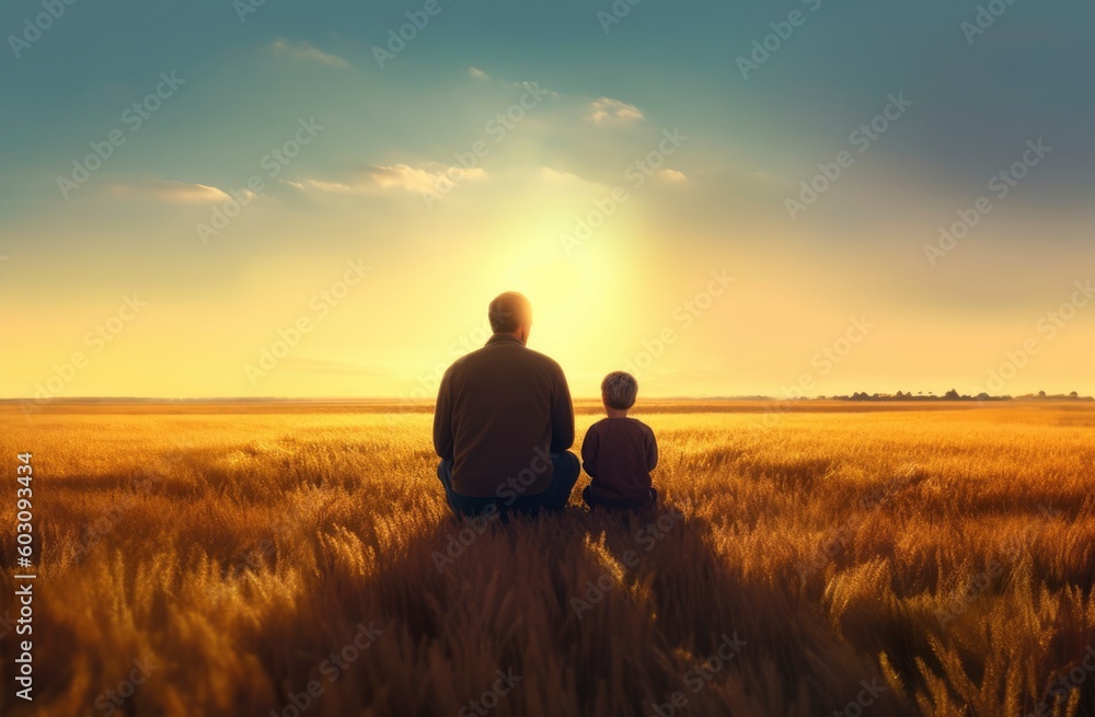 A man and his son sit in a field looking at the sun A man and his son sit in a field looking at the sun