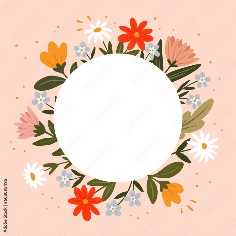 Round Frame With Colorful Flowers And Copy Space In Center. Vector Graphic Template. Isolated Elements. Pink Background. Great For Social Media Designs, Invitation Or Greeting Card. Round Frame With Colorful Flowers And Copy Space In Center. Vector Graphic Template. Isolated Elements. Pink Background. Great For Social Media Designs, Invitation Or Greeting Card.