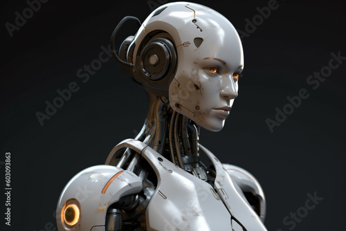 Sci-fi, technology concept. Advanced artificial intelligence robot portrait. Modern futuristic robot human assistant. Generative AI