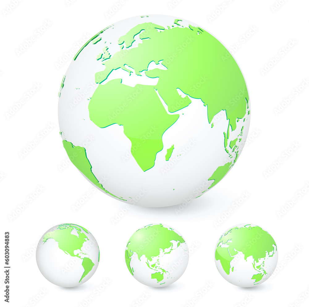 Vector illustration set of green globes showing our planet revolving in different stages