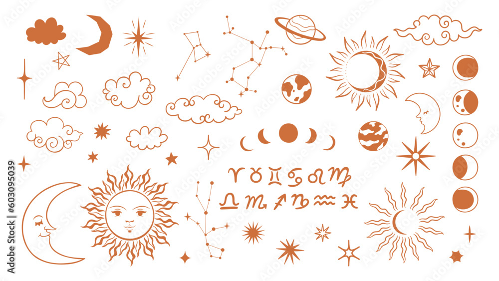 Set of celestial bodies, clouds, astrological symbols isolate on white background. Vector graphics.