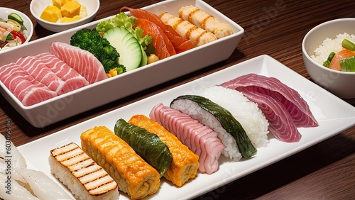 Japanese Bento Box. Lunch. Sushi Combo. Asian Food. Rice. Fishes. Seafood. Generative AI