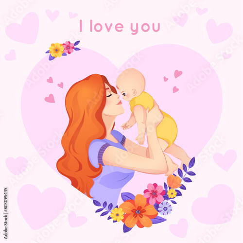 mother holding baby with hearts and flowers vector illustration