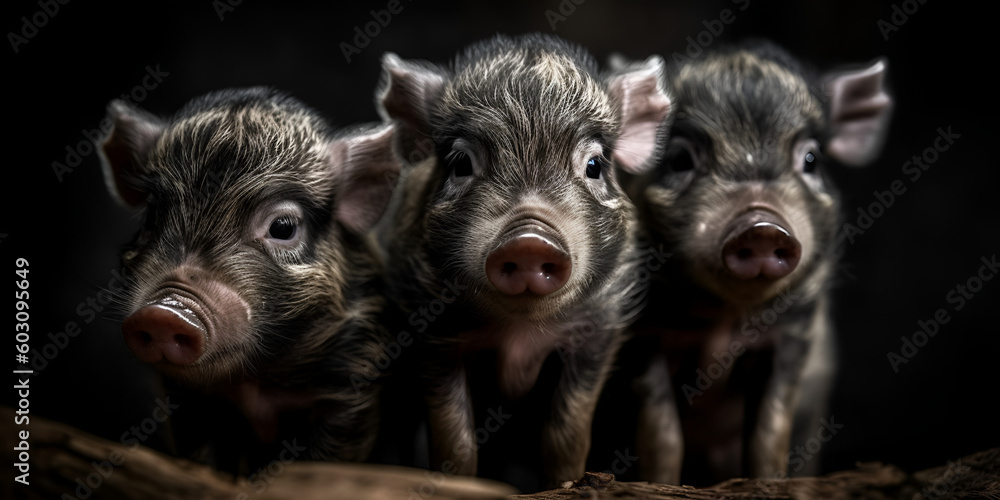 Little piglets of the mangalica breed close-up, pigs roam free and on the farm. Welfare and care for farm animals. Generative Ai
Little piglets of the mangalica breed close-up, pigs roam free and on the farm. Welfare and care for farm animals. Generative Ai