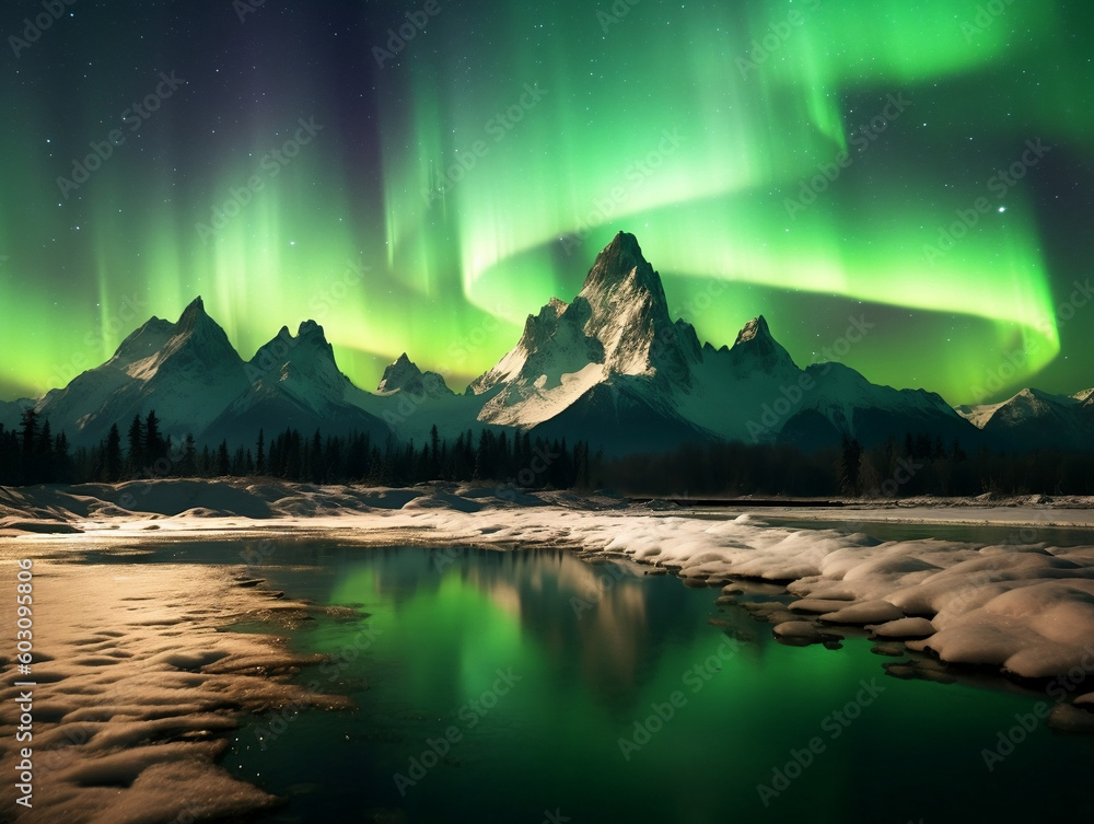 Northern lights shining brightly over the icy peaks, generative AI