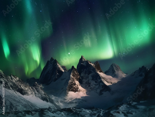 Majestic Northern Lights illuminating the mountain range, generative AI