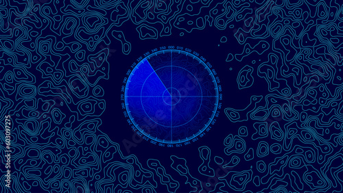 Topographic blue military map background. Geographic abstract texture with a compass. Mountain terrain or path. Vector illustration.