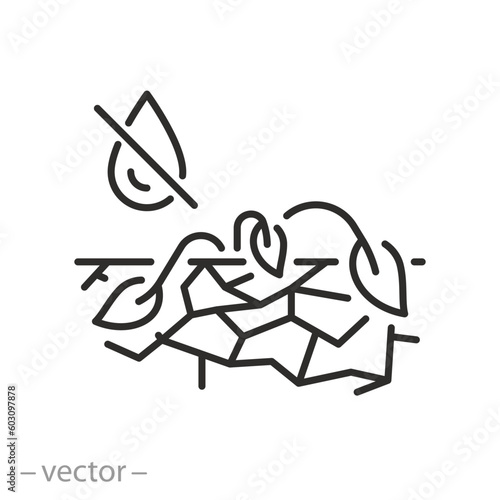 withered plant in dry ground icon, field drought or desert, wilted seedlings, thin line symbol - editable stroke vector illustration