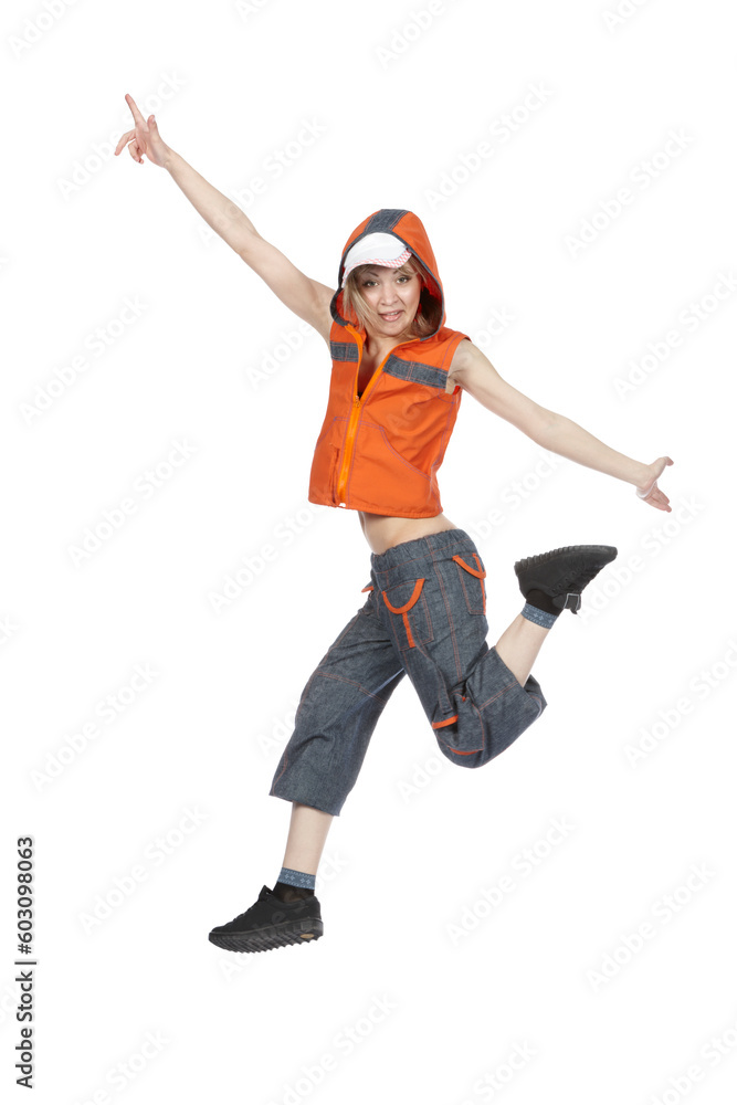 Young woman break dancing isolated against a white background.