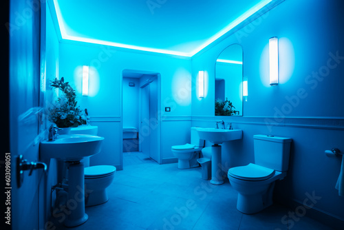 Blue backlit bathroom with three white toilets at the sink with blue lamps