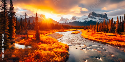 Beautiful autumn landscape with mountains and river