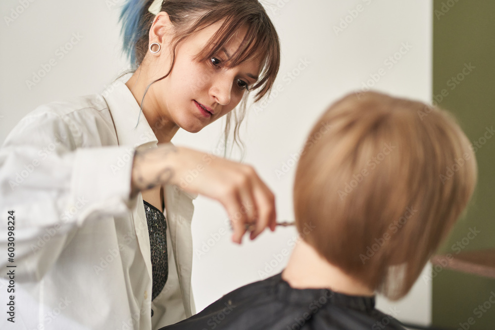 Professional hairdresser doing haircut to client Professional hairdresser doing haircut to client