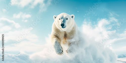 Polar bear jumps high on the white snow