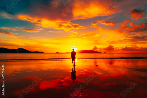 Silhouette of a man standing on the beach at sunset