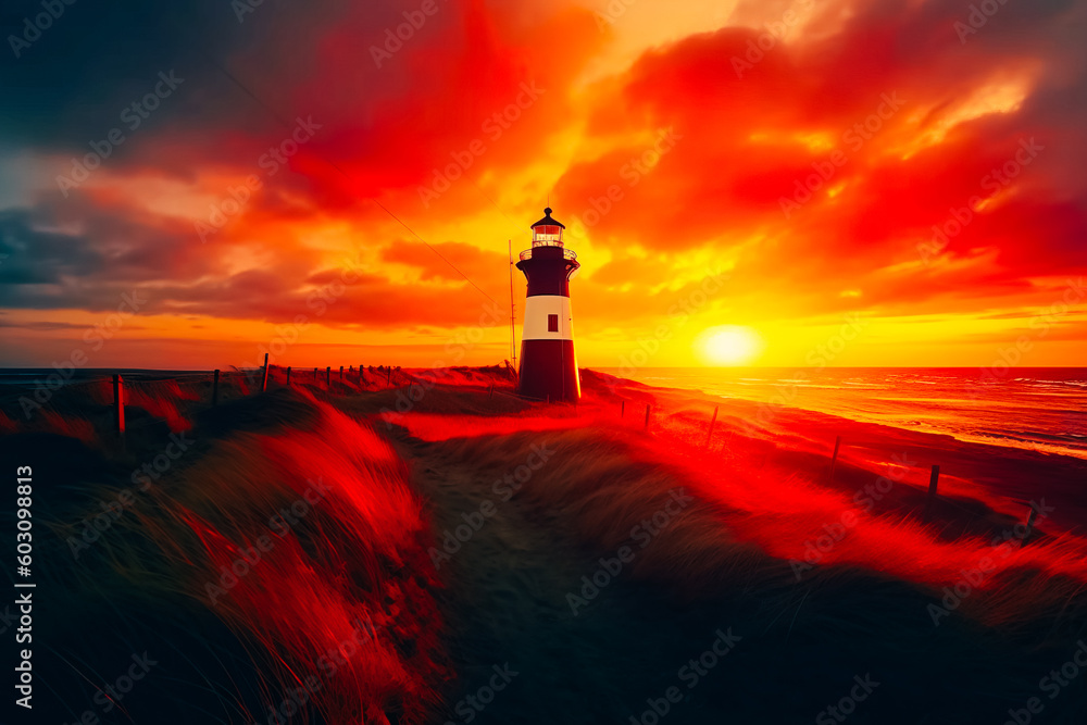 A panoramic view of the lighthouse standing on the coast A panoramic view of the lighthouse standing on the coast