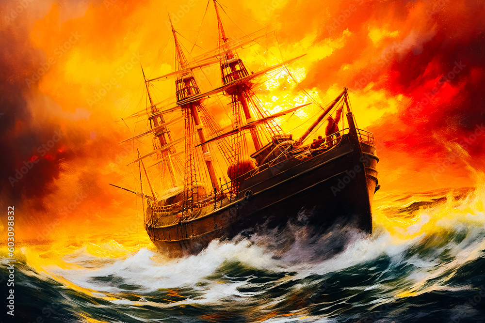Obraz premium A ship in a stormy sea with crashing waves