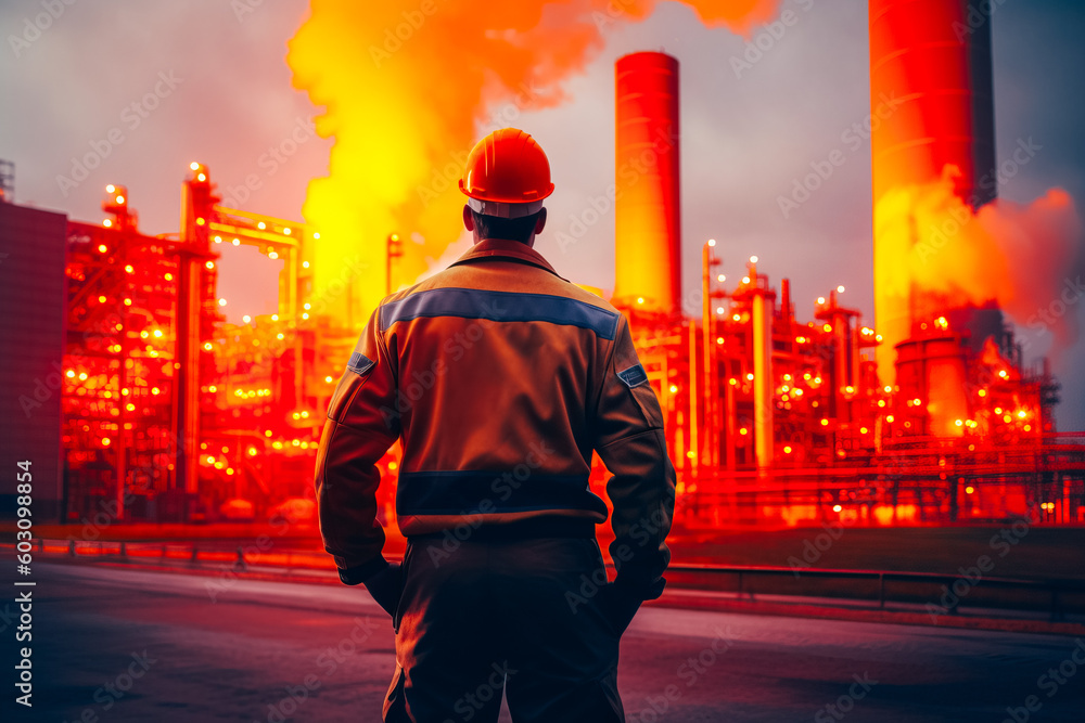 An engineer in uniform stands with his back to a large biomass power plant An engineer in uniform stands with his back to a large biomass power plant