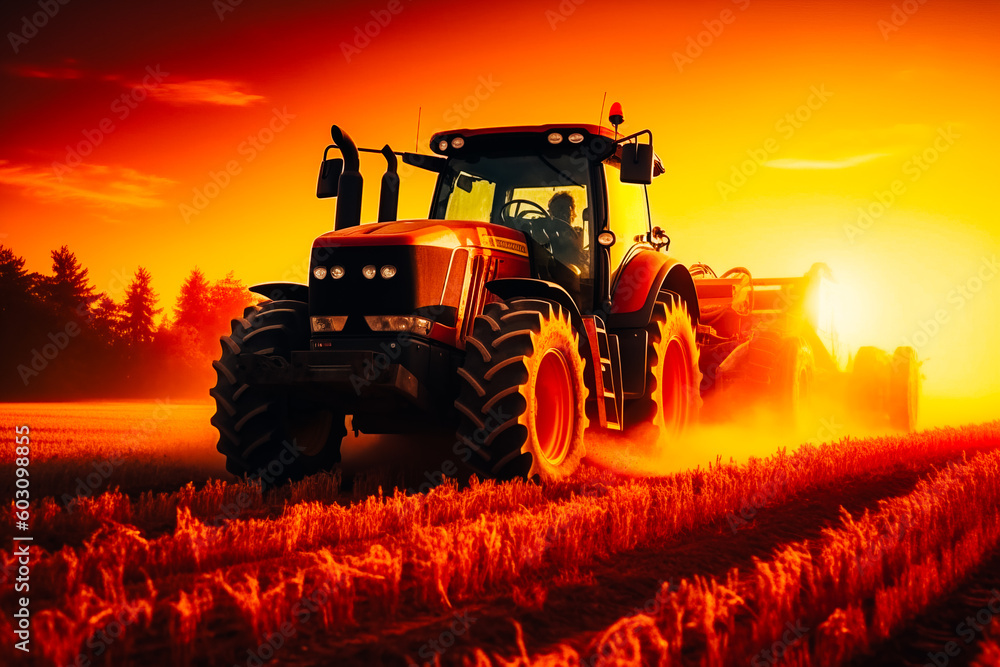 Fototapeta premium A modern tractor working in the field at sunset