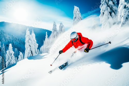 A skier in motion while descending a snowy mountain