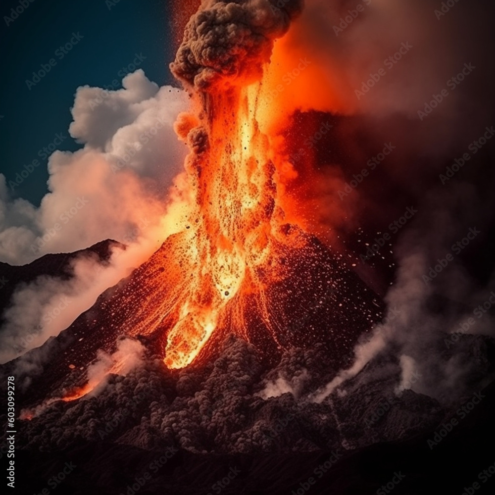 A volcano erupting, spewing lava and ashes into the air A volcano erupting, spewing lava and ashes into the air
