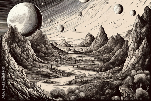 Alien planet landscape with mountains and moons in dots art vintage and grunge style. Sepia colored. Generative AI