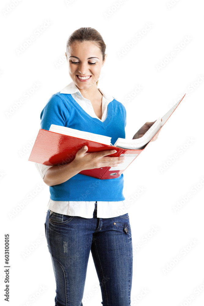 Beautiful female student isolated on white holding a folder Beautiful female student isolated on white holding a folder