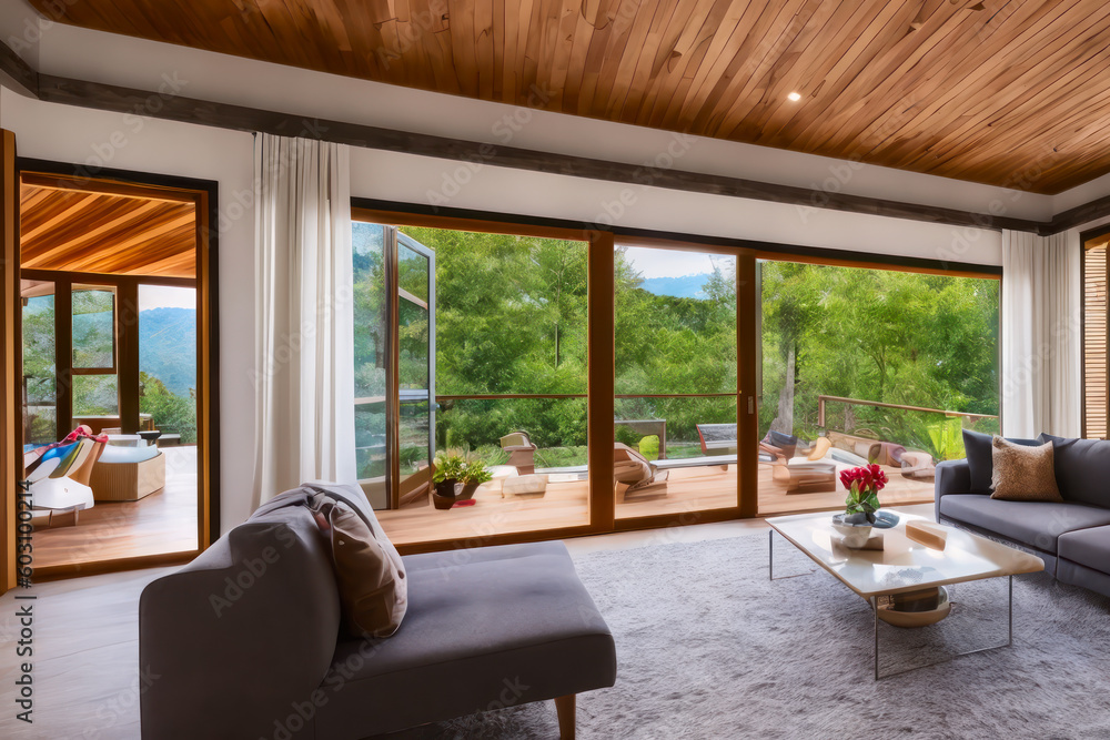 Modern living room with its open plan layout and expansive windows. Interior design. Generative AI Modern living room with its open plan layout and expansive windows. Interior design. Generative AI