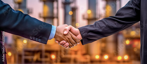 Businessman and engineer construction workers shaking hands on the background of an industrial plant, success collaboration concept