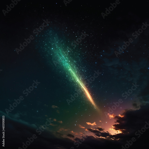 Gazing Upward Mesmerizing Night Sky with Long Tailed Comet Generative AI