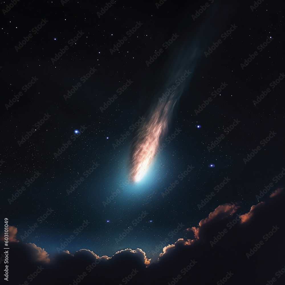 Gazing Upward Mesmerizing Night Sky with Long Tailed Comet Generative AI