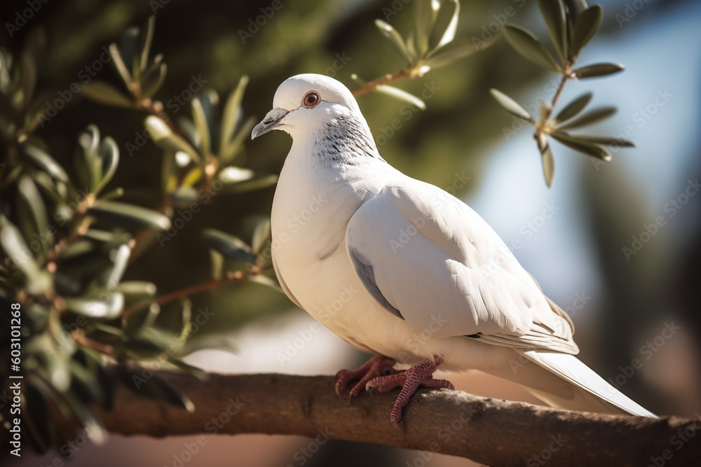 White peace dove sitting in olive tree. Generative AI illustration White peace dove sitting in olive tree. Generative AI illustration