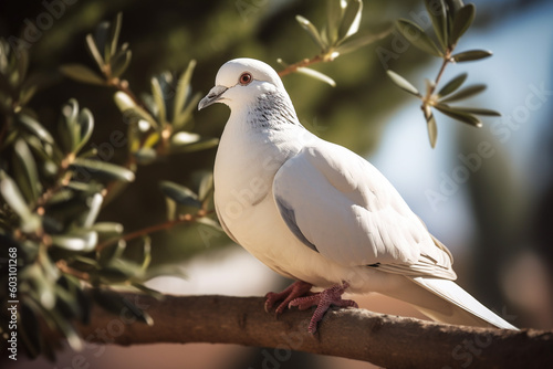 White peace dove sitting in olive tree. Generative AI illustration
