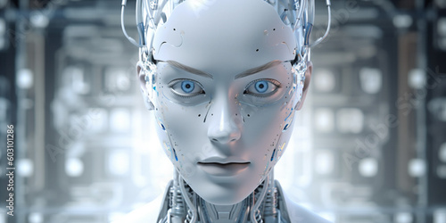 Beautiful female cyber fashion robot on the futuristic techno background. Artificial Intelligence. Quantum computer. AI Generative