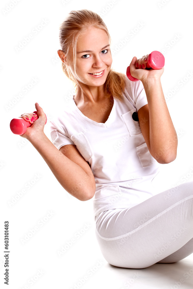 pink dumbbells in the hands of women on a white background pink dumbbells in the hands of women on a white background