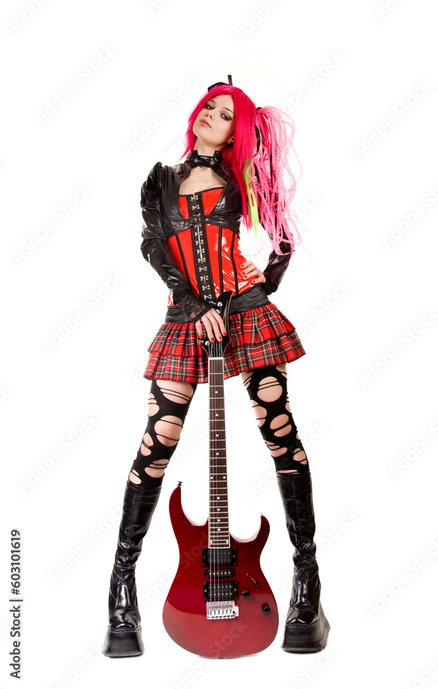 Gothic girl with electro guitar, isolated on white background Gothic girl with electro guitar, isolated on white background