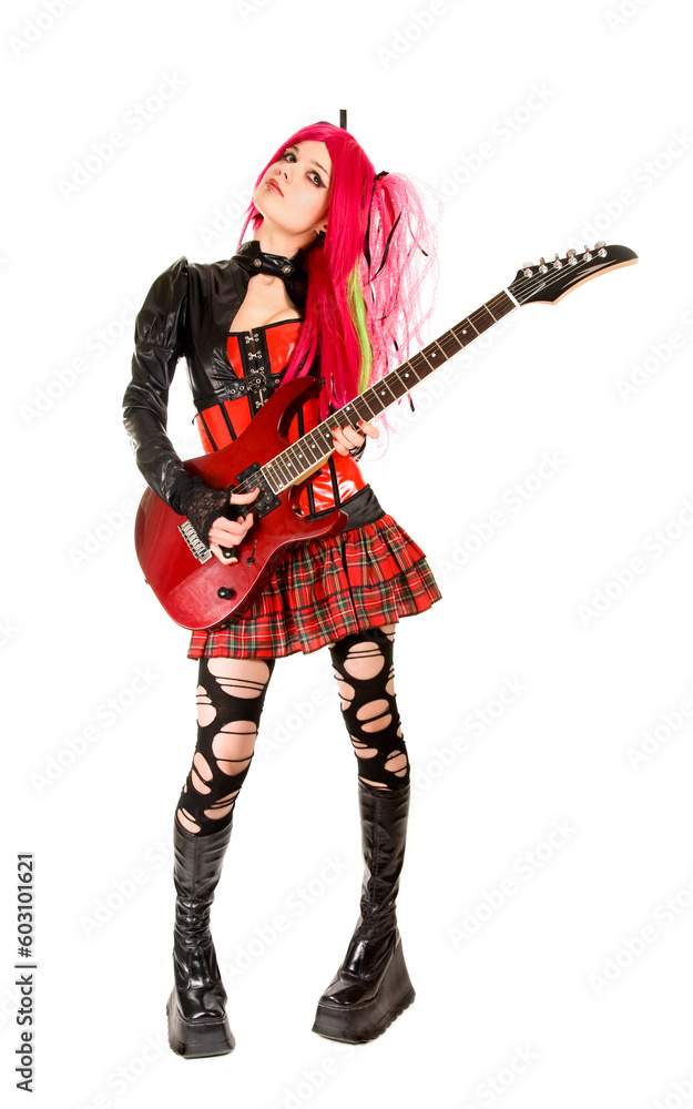 Gothic girl with guitar, isolated on white background Gothic girl with guitar, isolated on white background
