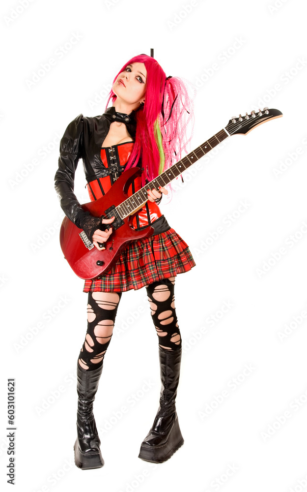 Gothic girl with guitar, isolated on white background